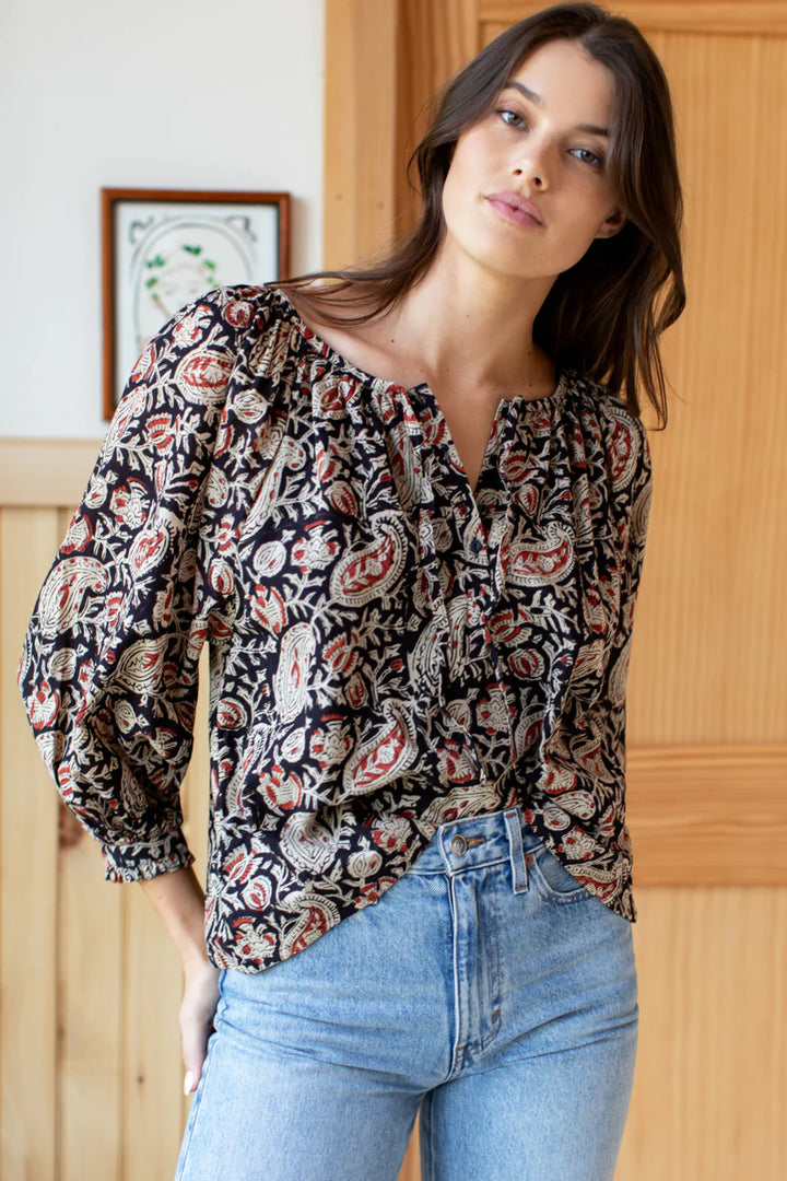 Emerson Fry Lucy 2 Blouse - Paisley Black + Clay Satin