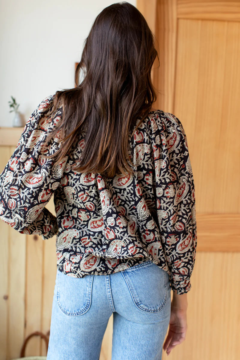 Emerson Fry Lucy 2 Blouse - Paisley Black + Clay Satin