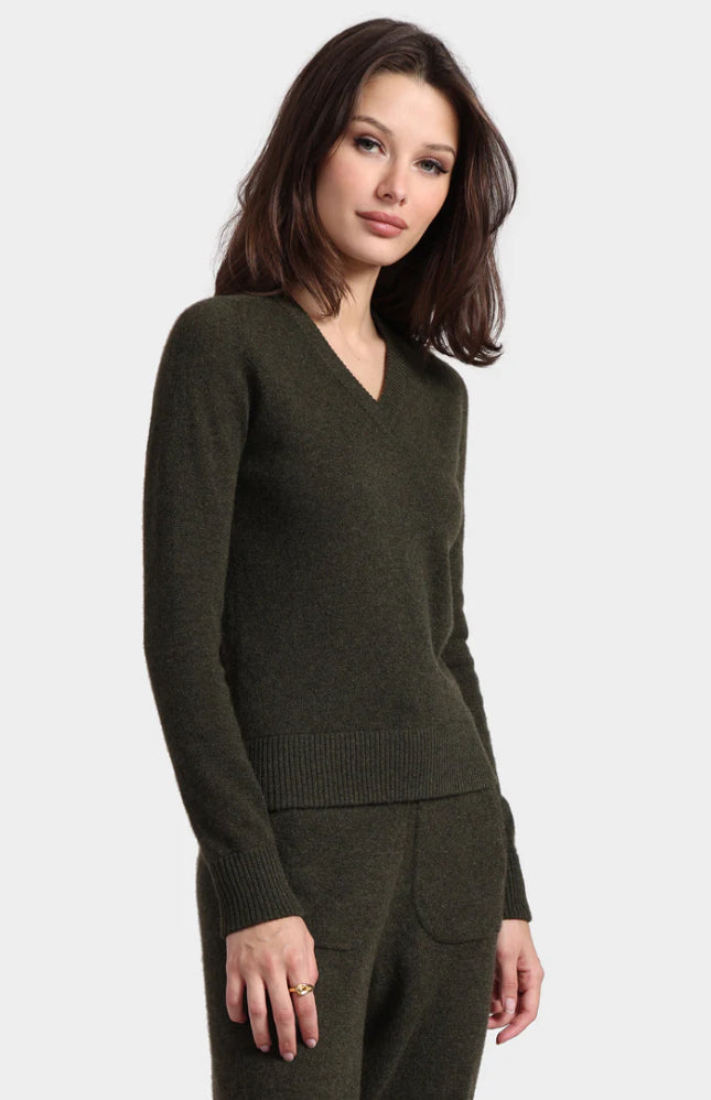 Minnie Rose Cashmere V-neckneck Raglan Pullover Army