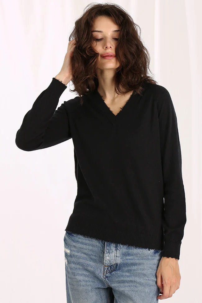 Minnie Rose Cotton/Cashmere Distressed LS V-Neck