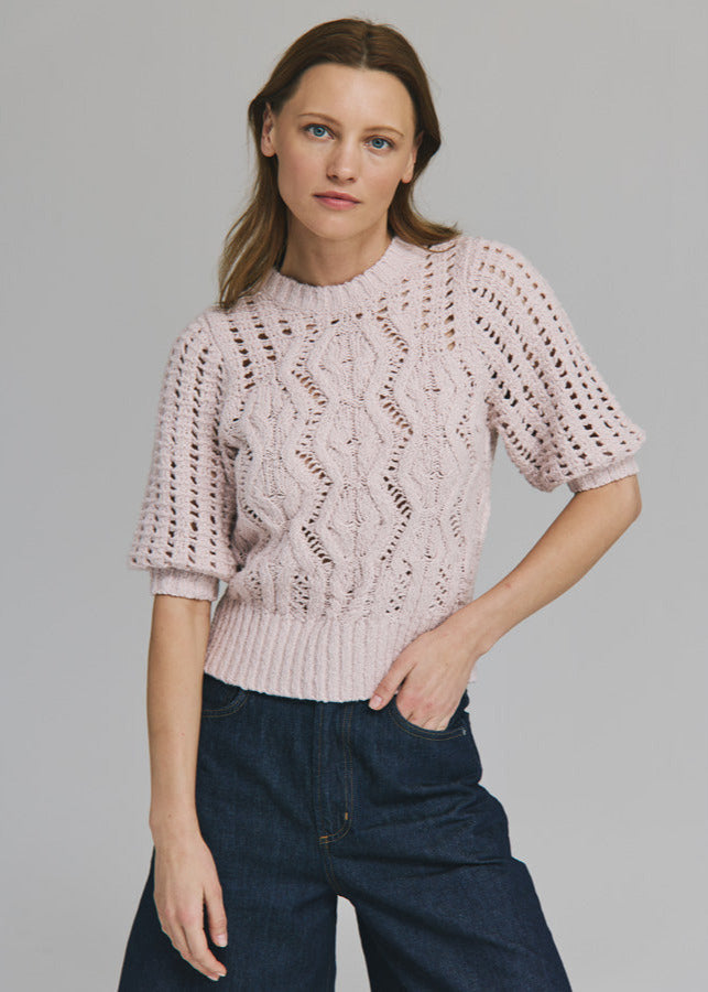 Autumn Cashmere Elbow Mesh Sleeve Cable Crew
