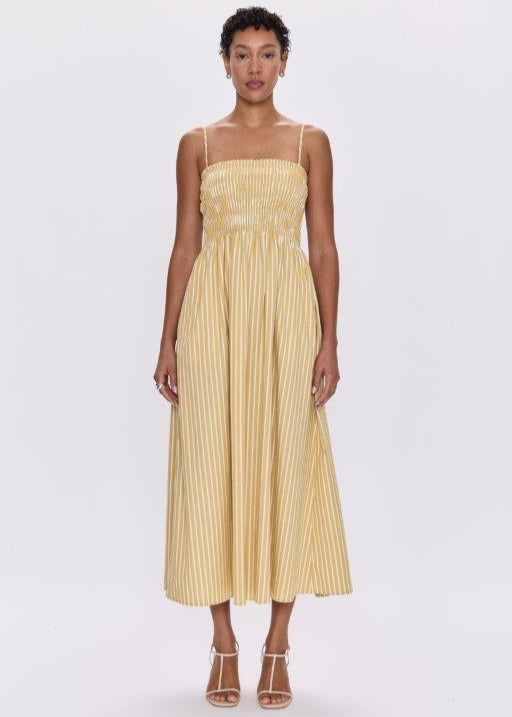 Pistola Bianca Shirred Bodice Dress Beach Sand Stripe EQUATION Pistola Bianca Shirred Bodice Dress Beach Sand Stripe EQUATION