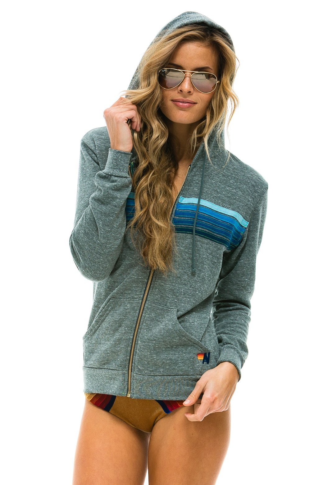 Aviator Nation Stripe Hoodie- Heather Grey/Blue