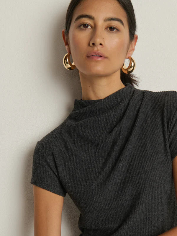 Woman wearing Nation LA Katie top, mock neck draped grey