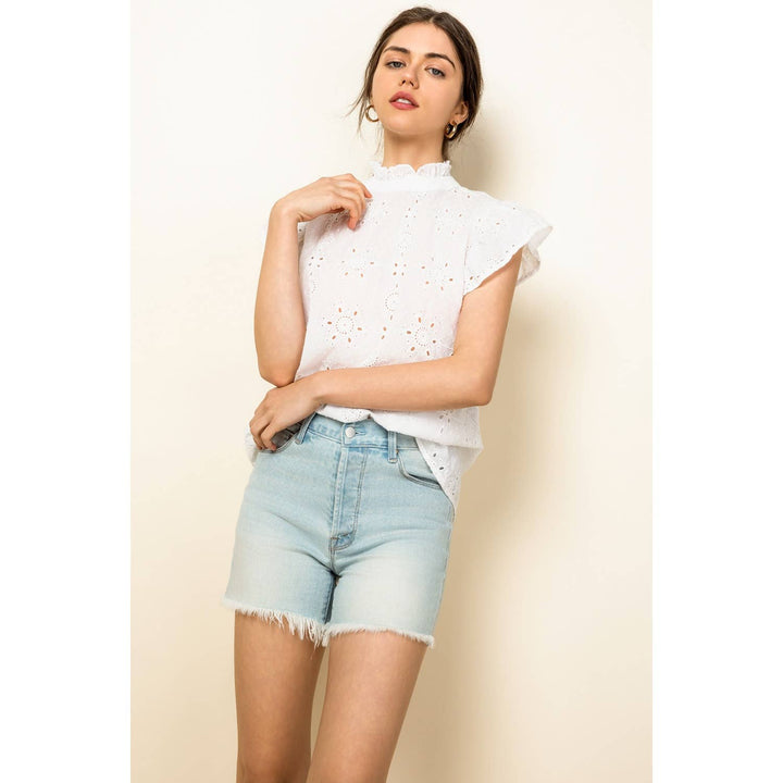 THML - White Eyelet Ruffle Sleeve Blouse with High Neck Detail