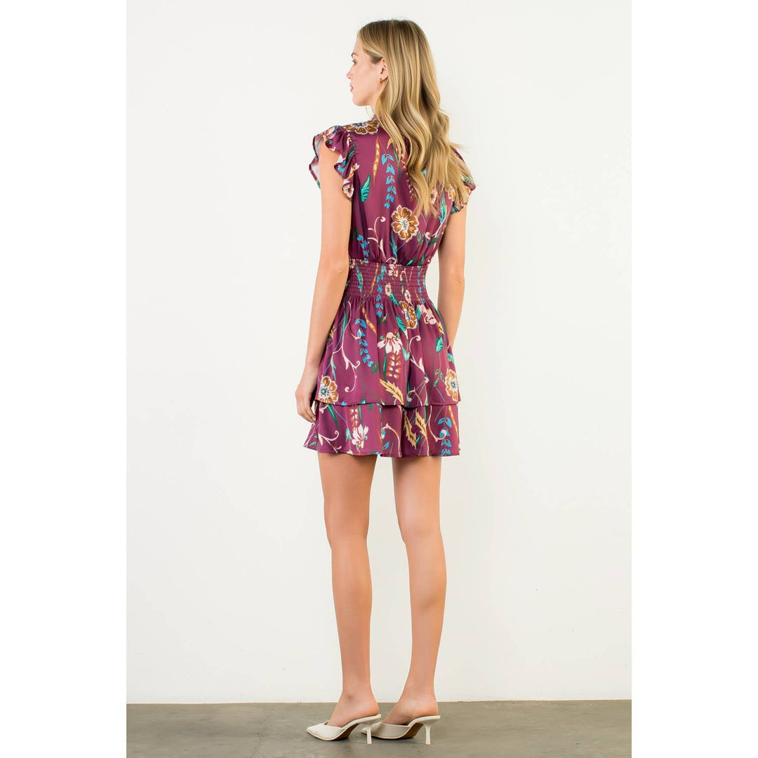 THML FTM3129 Smocked Waist Flutter Sleeve Dress Burgundy