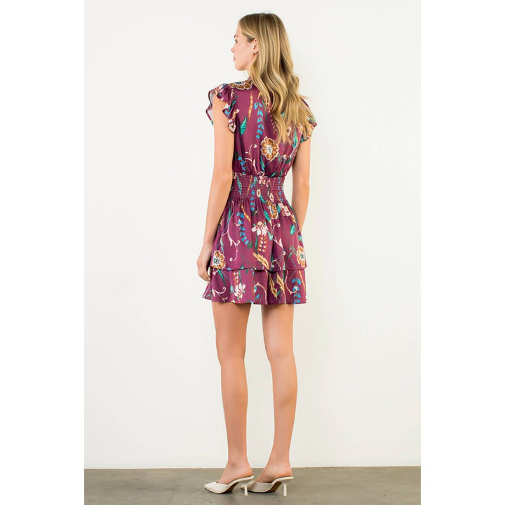 THML FTM3129 Smocked Waist Flutter Sleeve Dress Burgundy