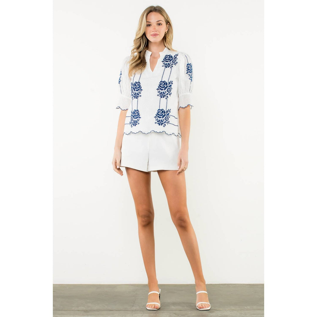 THML WCT2972 Puff Sleeve V-Neck Top