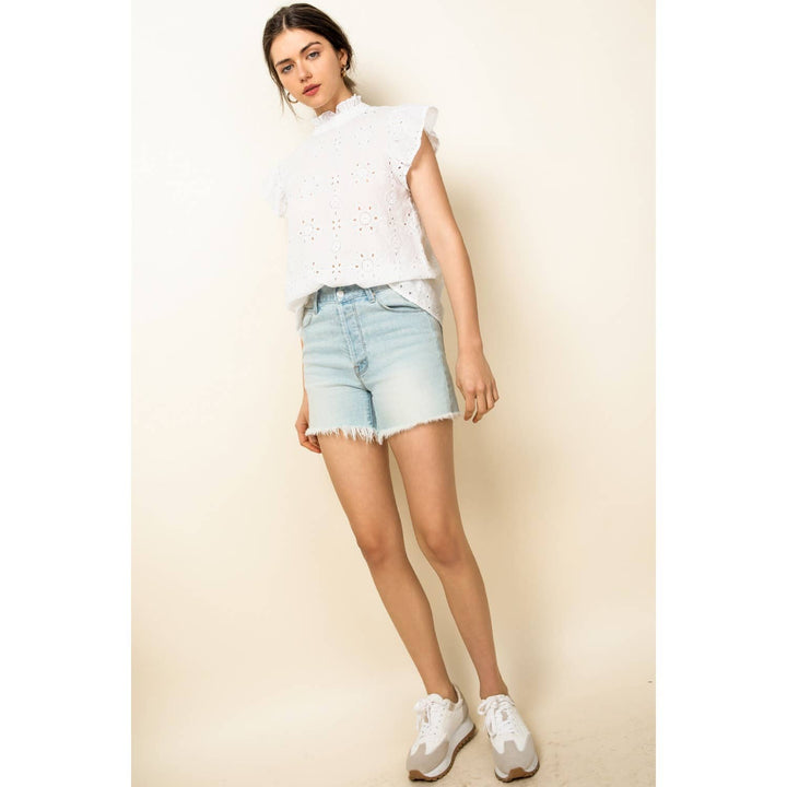 THML - White Eyelet Ruffle Sleeve Blouse with High Neck Detail
