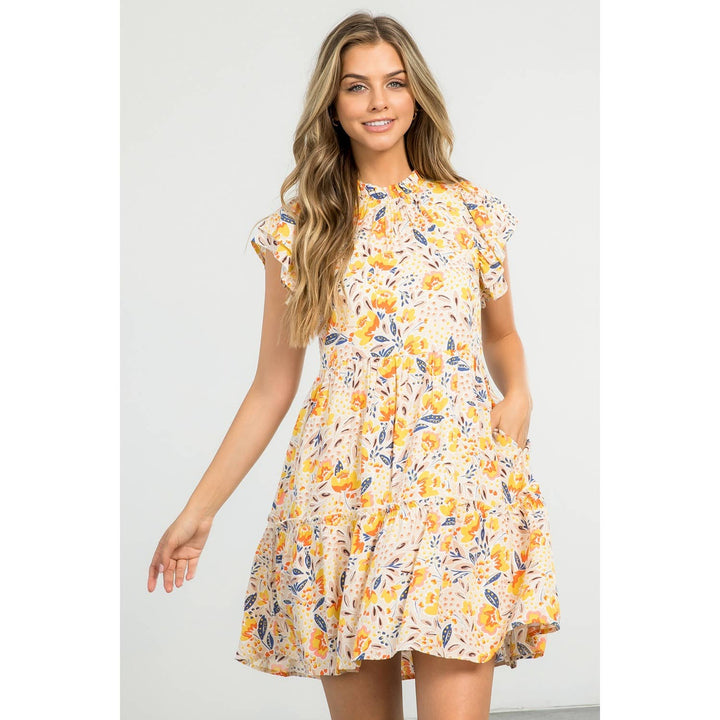 THML TM5411 Flower Tiered Dress Beige
