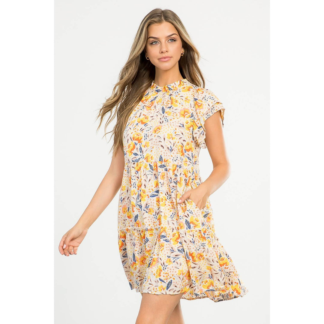 THML TM5411 Flower Tiered Dress Beige