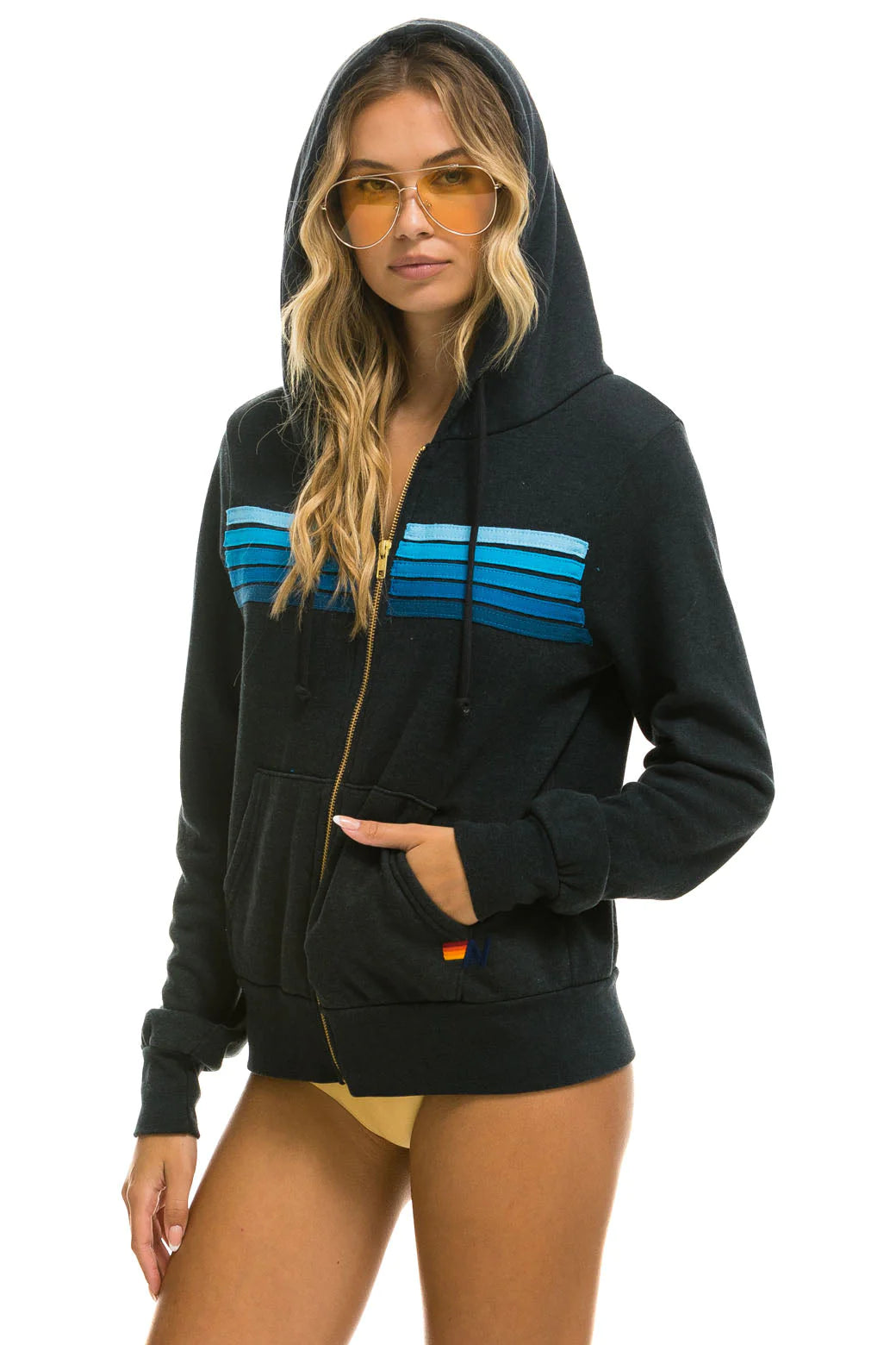 Aviator Nation 5 Stripe Hoodie - Charcoal Blue