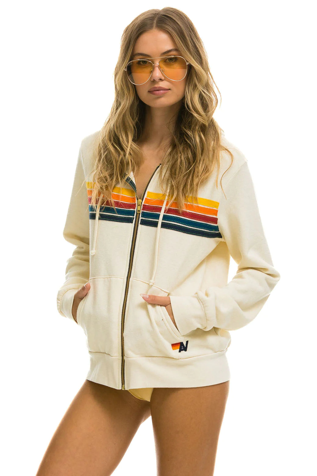 White hoodie sale with rainbow stripes