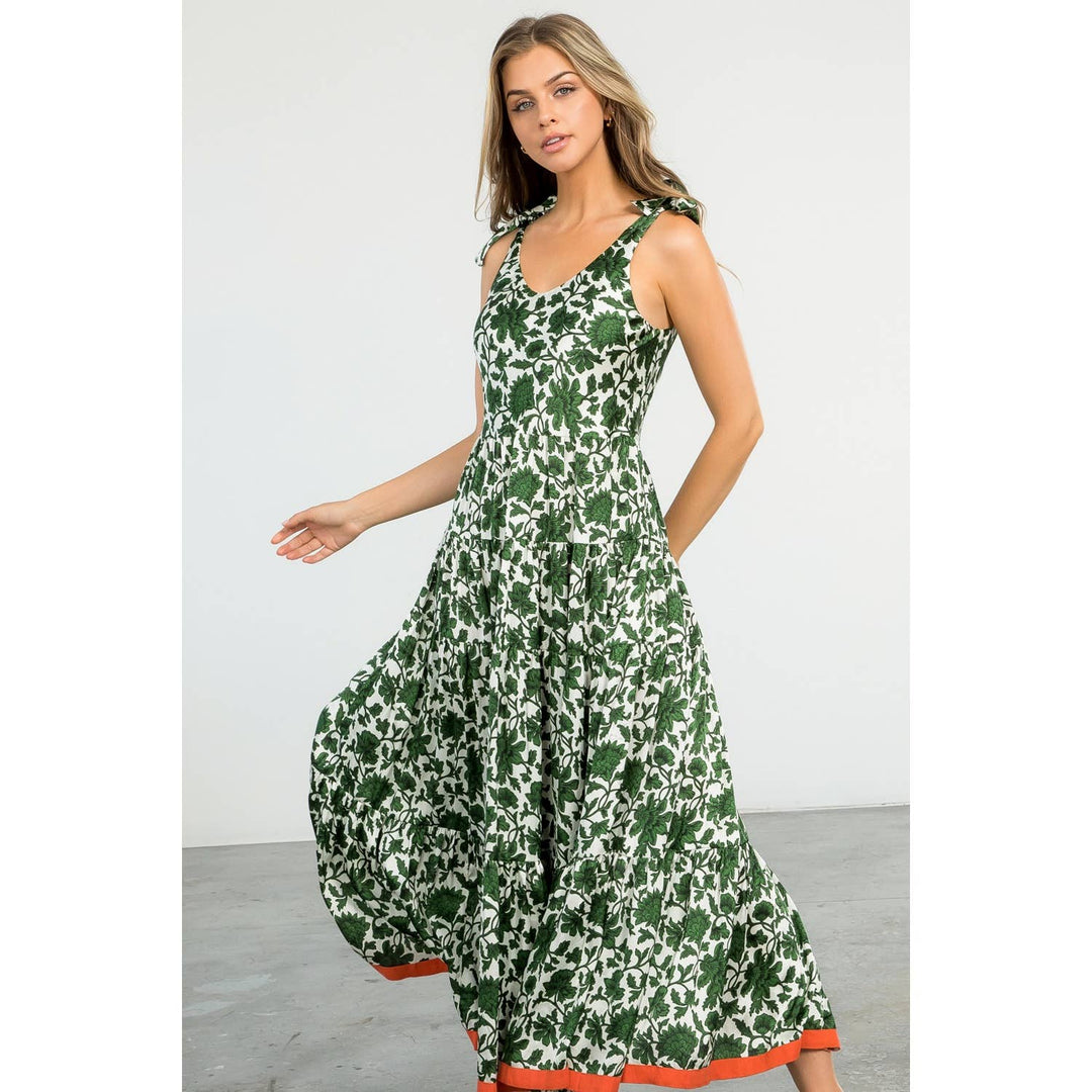 THML - Cream Sleeveless Maxi Dress with Green Floral Print