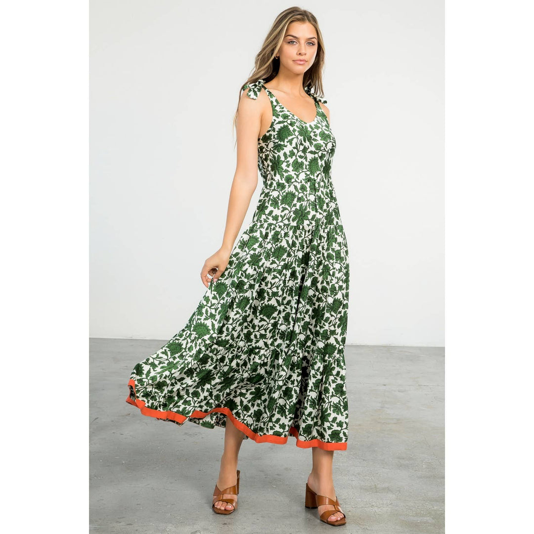 THML - Cream Sleeveless Maxi Dress with Green Floral Print