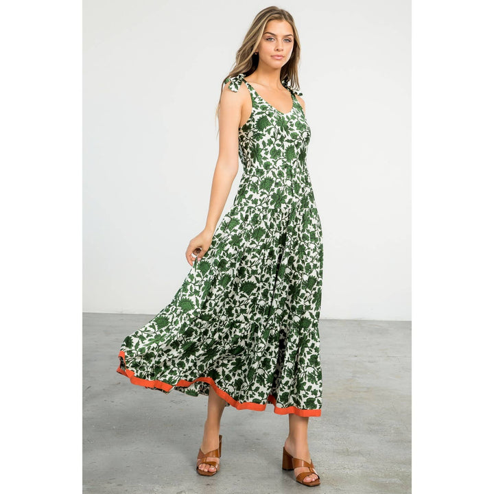 THML - Cream Sleeveless Maxi Dress with Green Floral Print