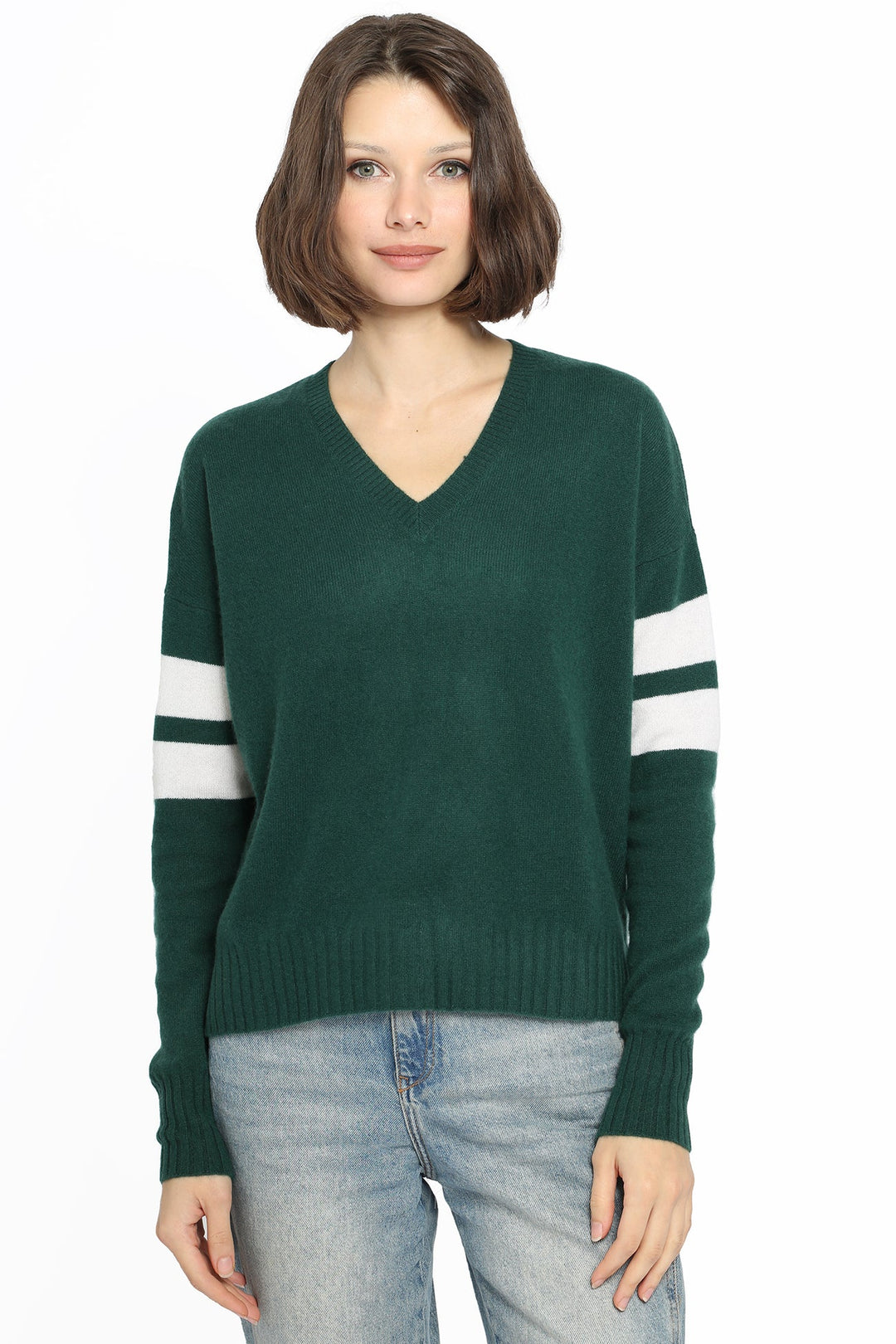 Minnie Rose Cashmere V Neck Pullover with Stripe Arm Detail