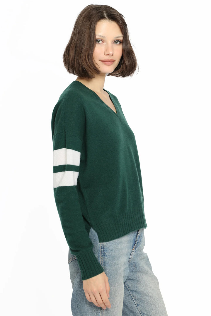 Minnie Rose Cashmere V Neck Pullover with Stripe Arm Detail