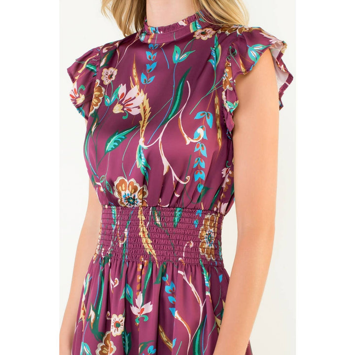 THML FTM3129 Smocked Waist Flutter Sleeve Dress Burgundy