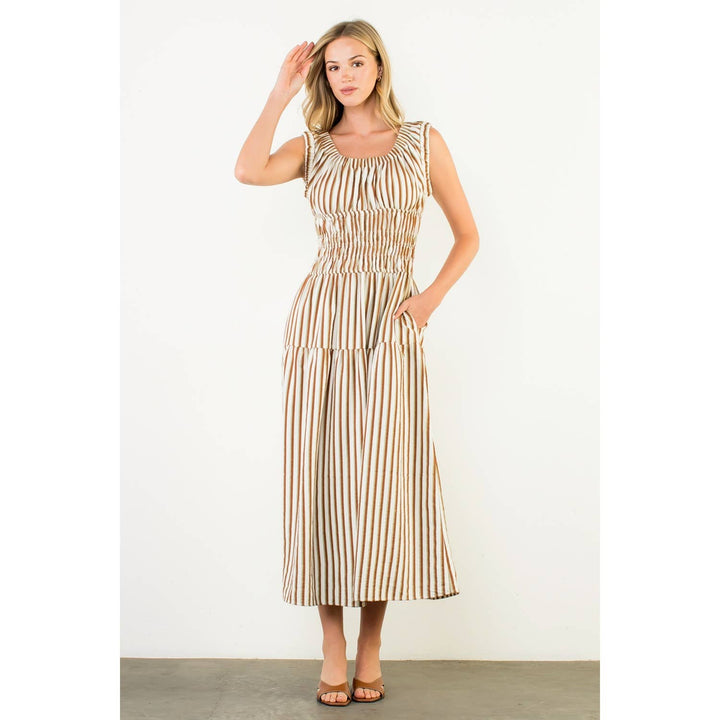 THML WCT3201-2 Smocked Waist Maxi Dress Brown
