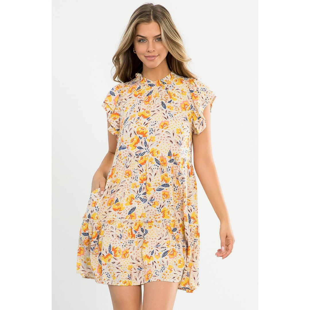 THML TM5411 Flower Tiered Dress Beige
