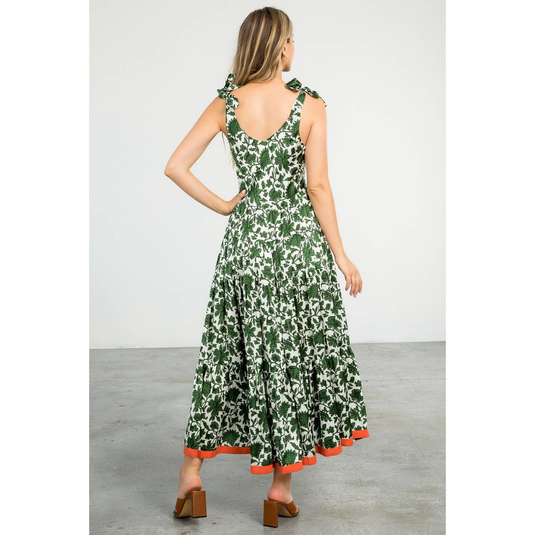 THML - Cream Sleeveless Maxi Dress with Green Floral Print