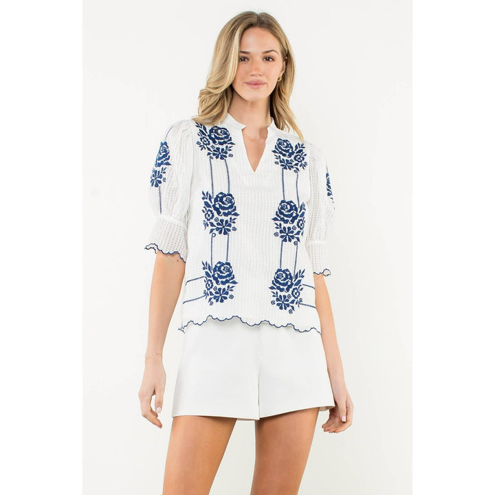 THML WCT2972 Puff Sleeve V-Neck Top