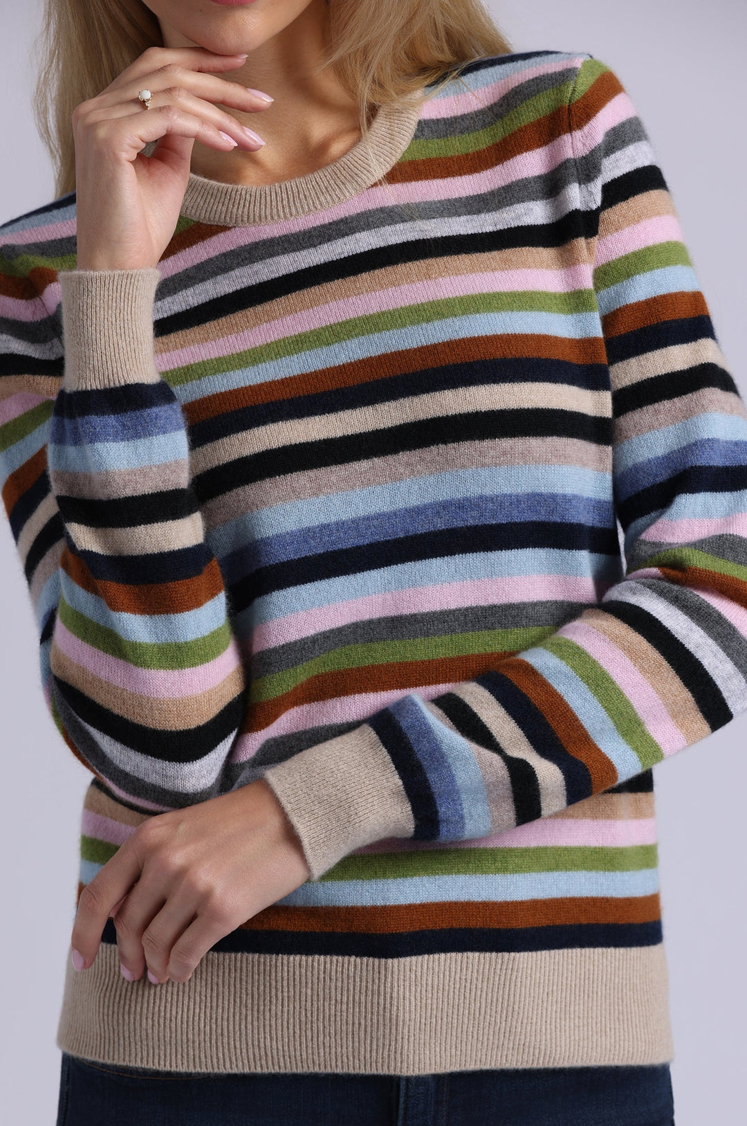 Minnie Rose Cashmere Striped Long Sleeve Crew