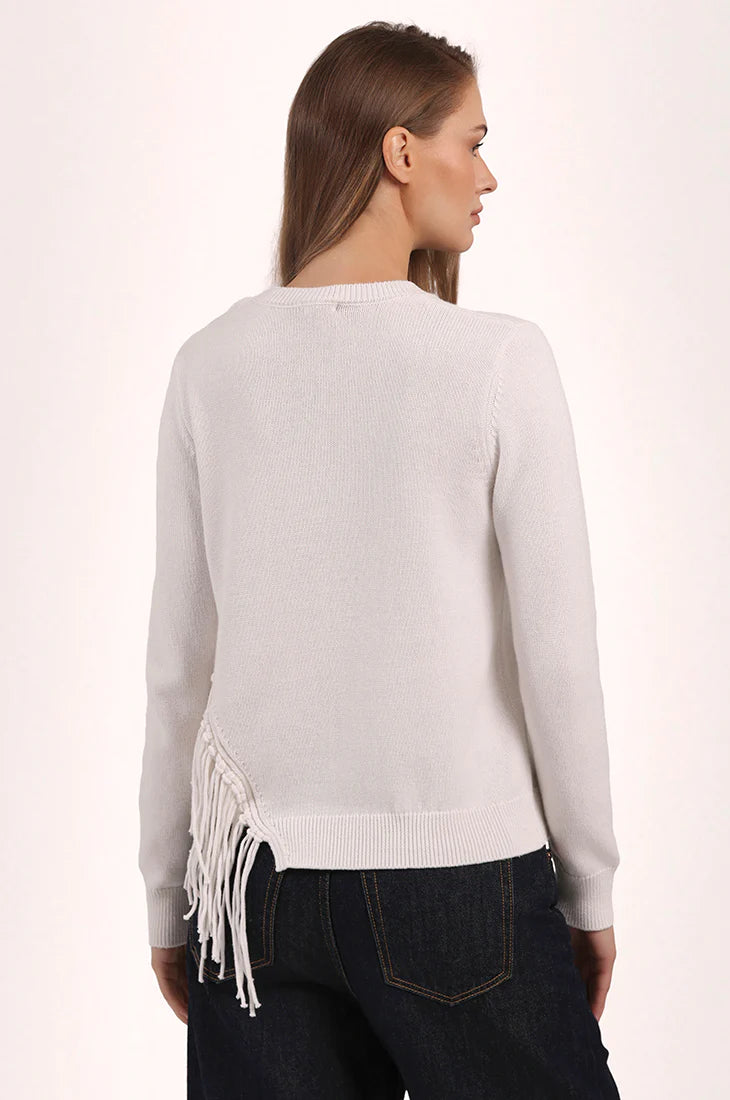 Minnie Rose Cotton Cashmere Fringe Trim Crew Neck