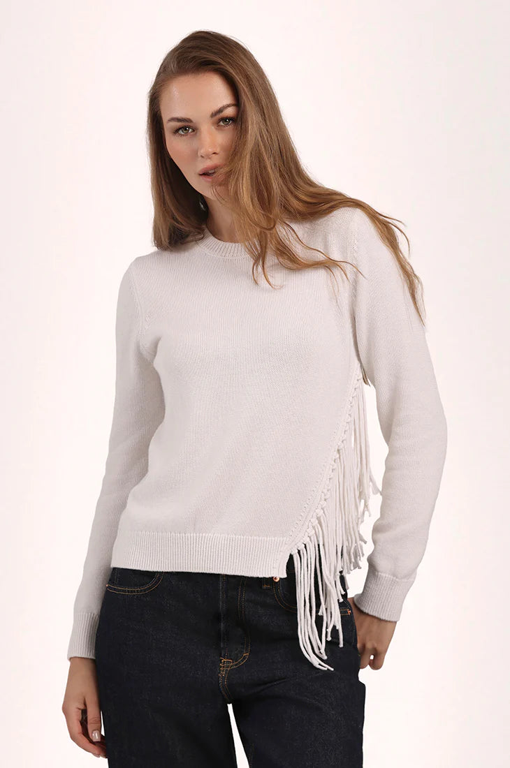 Minnie Rose Cotton Cashmere Fringe Trim Crew Neck