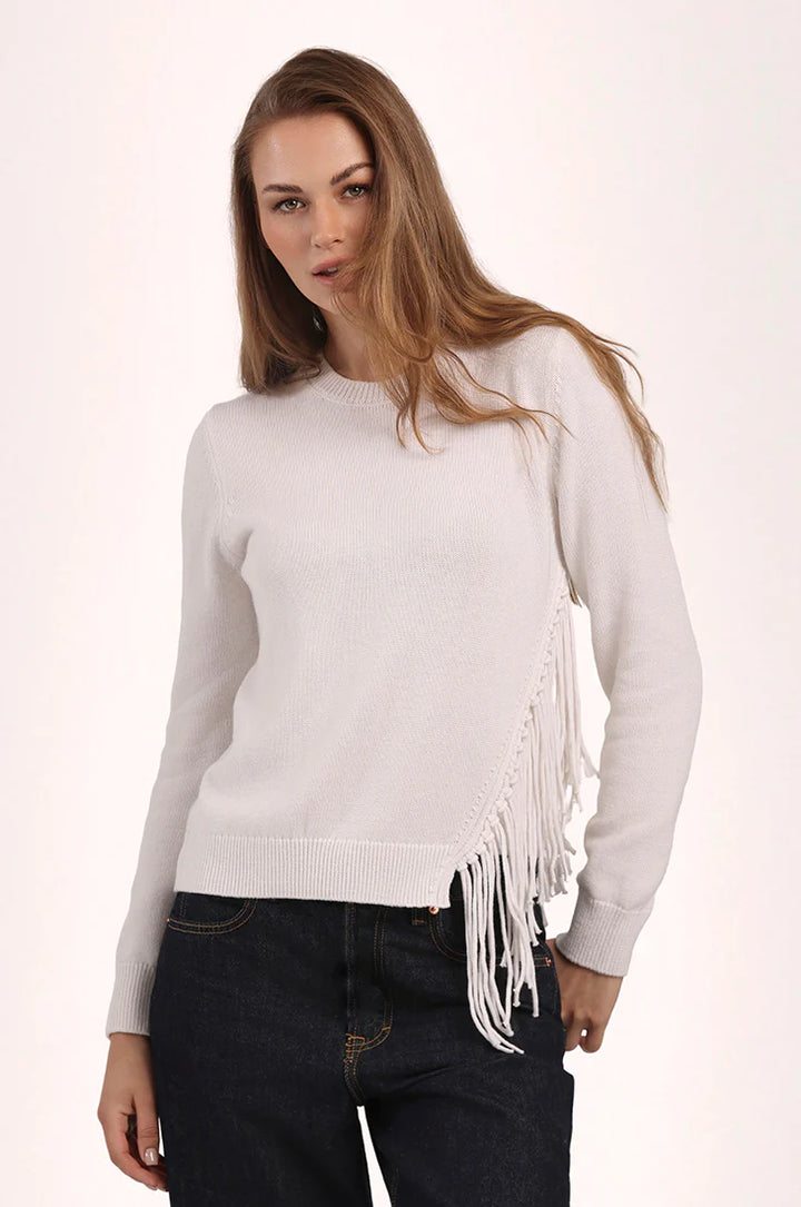 Minnie Rose Cotton Cashmere Fringe Trim Crew Neck