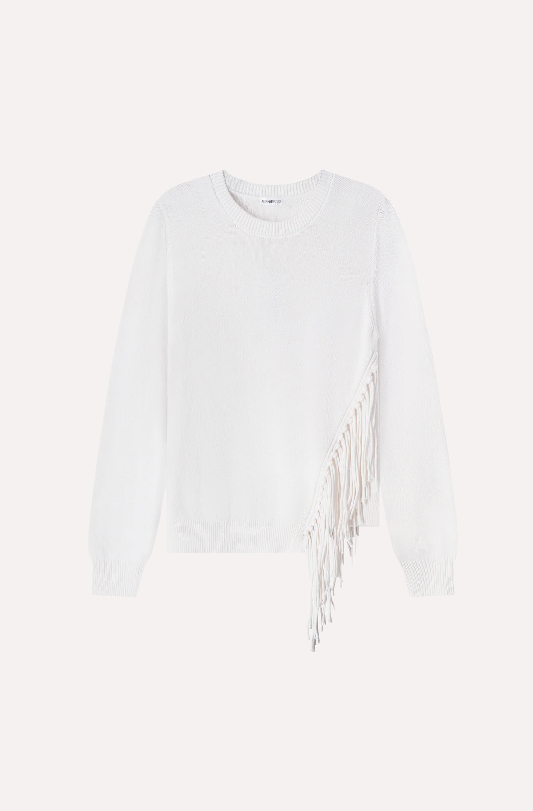 Minnie Rose Cotton Cashmere Fringe Trim Crew Neck