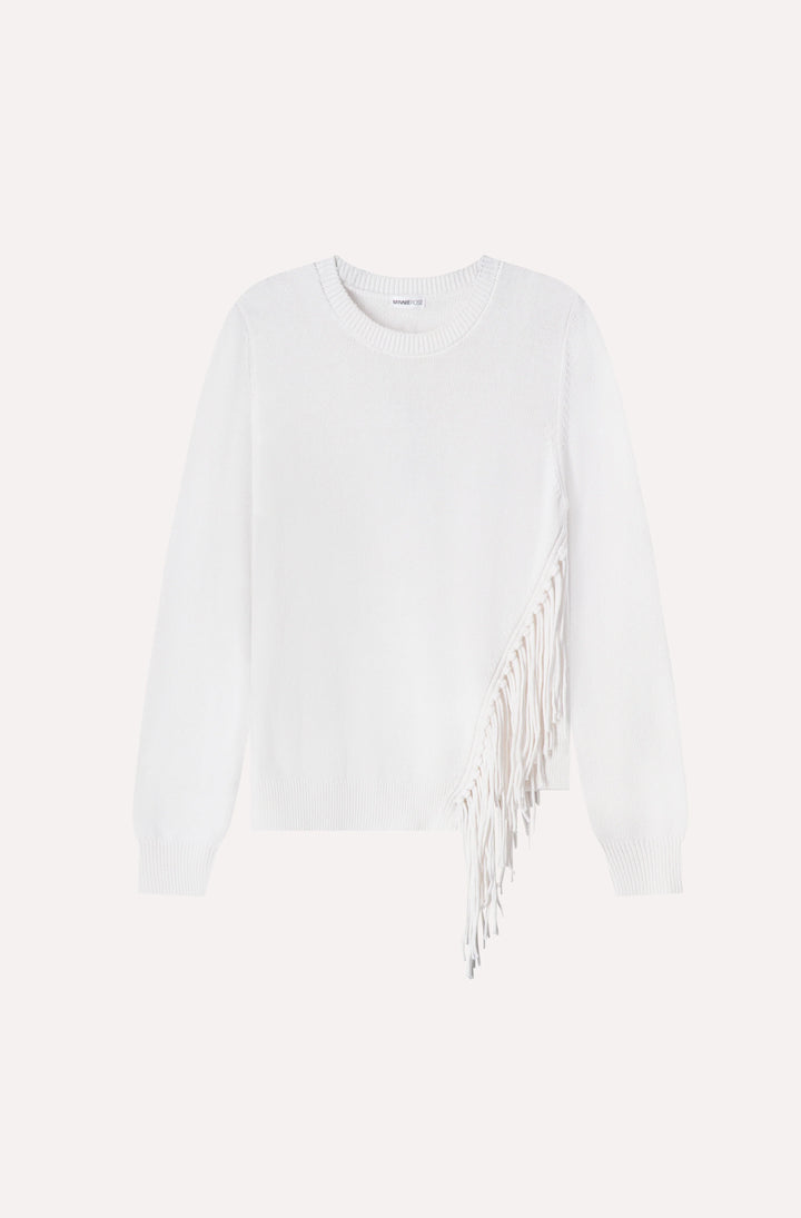 Minnie Rose Cotton Cashmere Fringe Trim Crew Neck