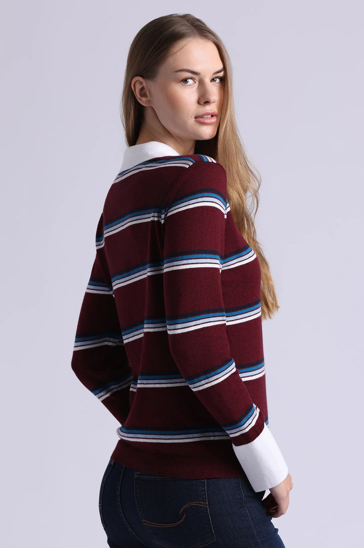 Minnie Rose Striped Polo Sweater Bordeaux
