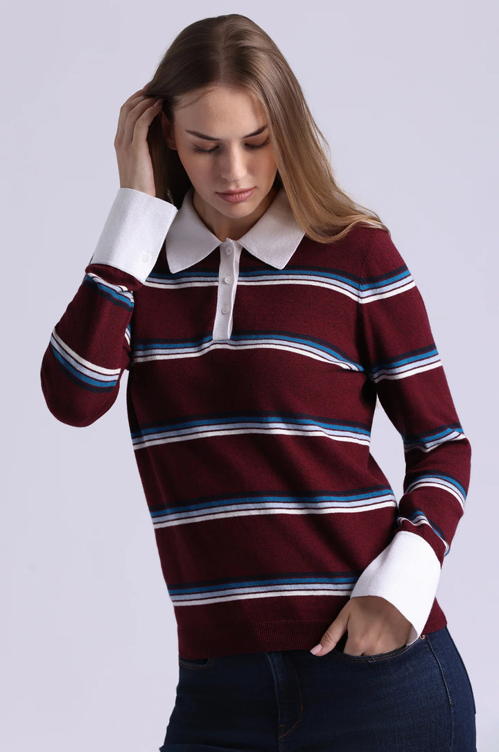 Minnie Rose Striped Polo Sweater Bordeaux