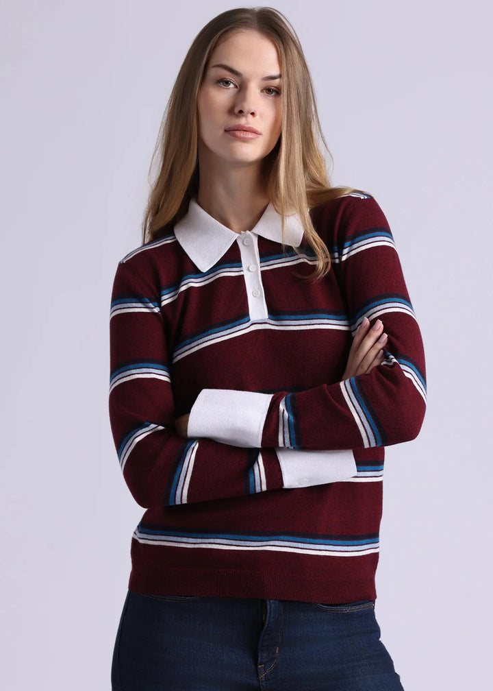 Minnie Rose Striped Polo Sweater Bordeaux
