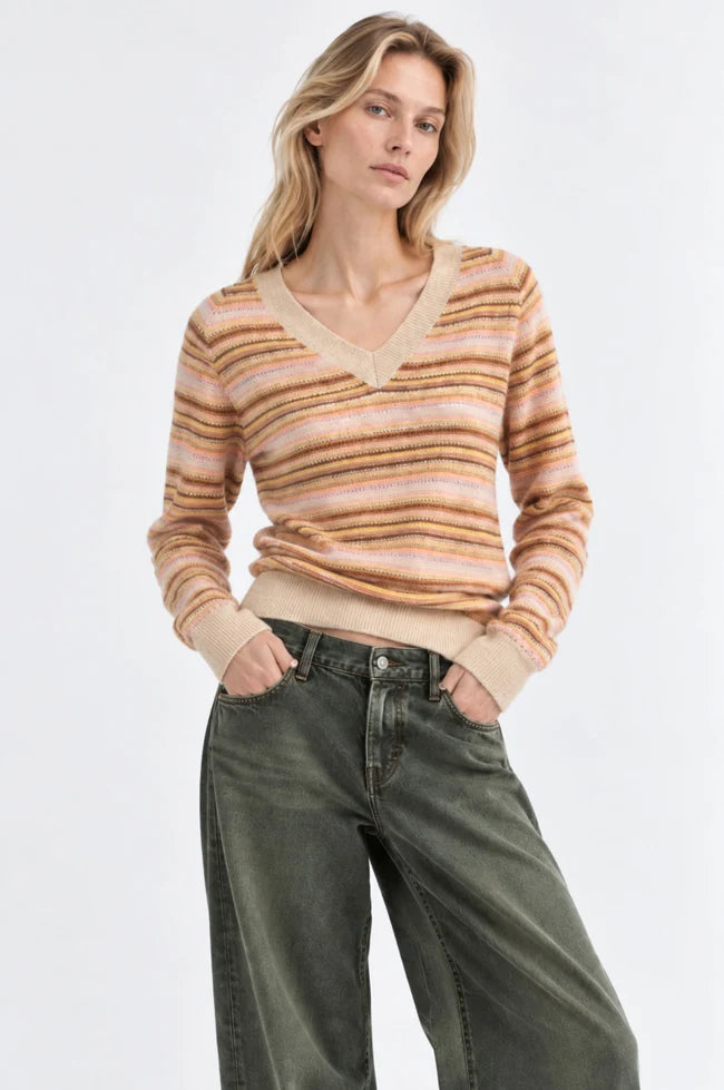 Minnie Rose Striped Raglan V Neck Sweater