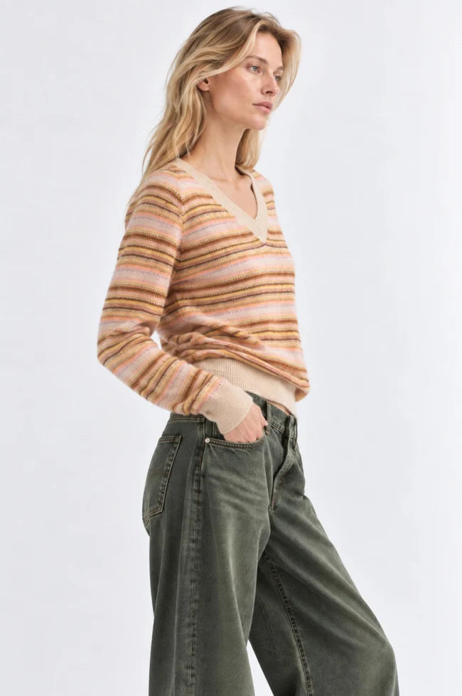 Minnie Rose Striped Raglan V Neck Sweater