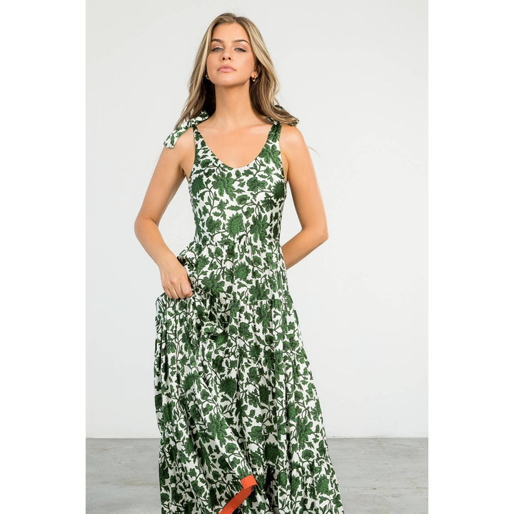 THML - Cream Sleeveless Maxi Dress with Green Floral Print