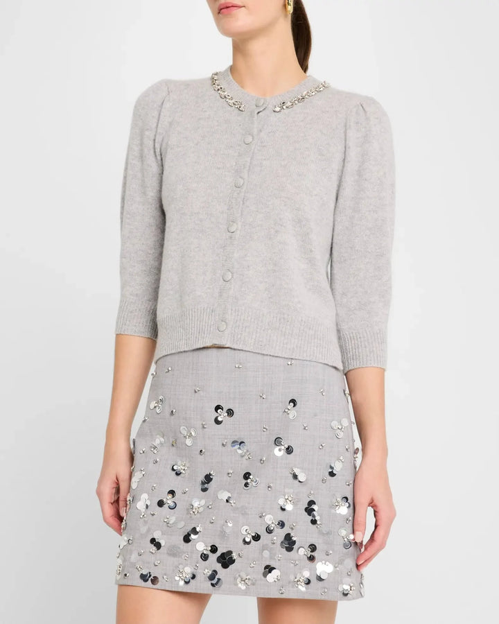 Autumn Cashmere Rhinestone Trimmed Puff Sleeve Cardigan
