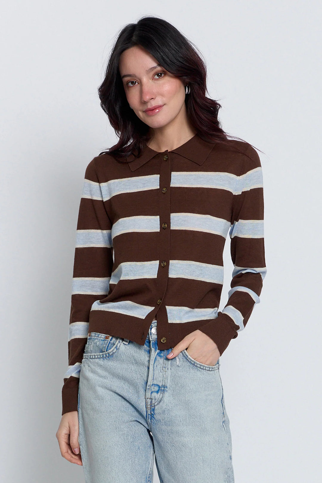 Central Park West Quinn Striped Sheer Button Up Sweater/ Cardigan