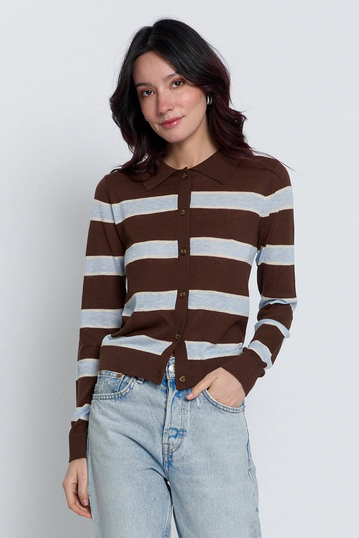 Central Park West Quinn Striped Sheer Button Up Sweater/ Cardigan