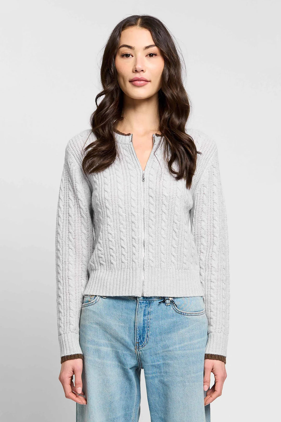 Central Park West Thea Cashmere Cable Zip Up Cardigan