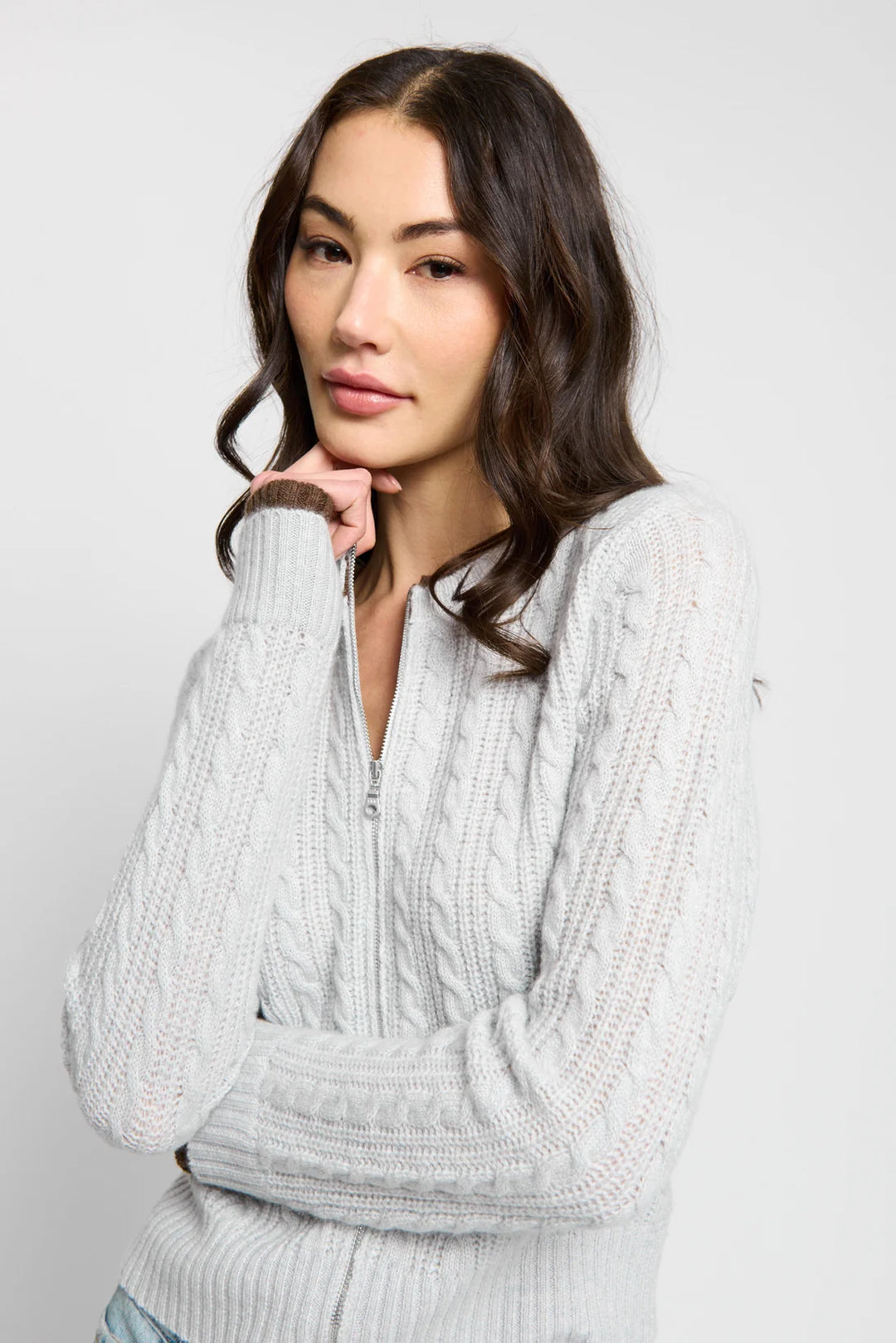 Central Park West Thea Cashmere Cable Zip Up Cardigan