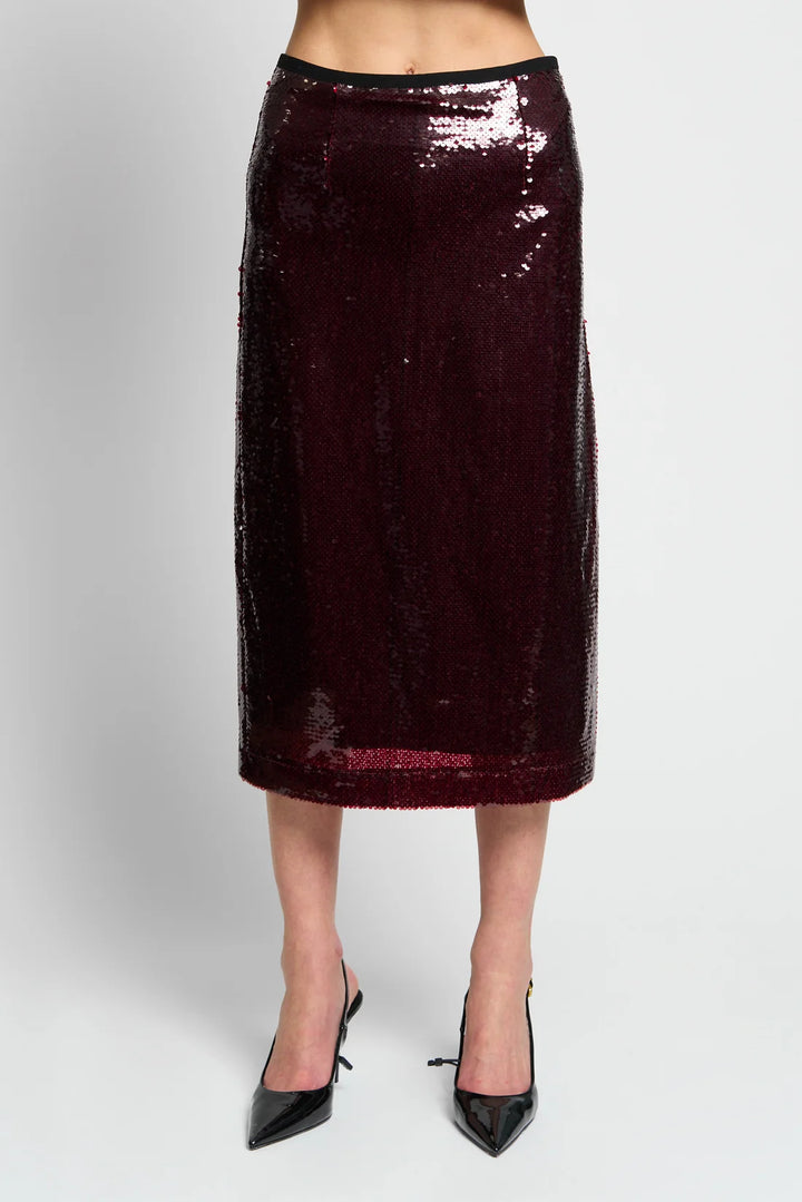 Central Park West AMAYA SEQUIN SKIRT -Burgundy