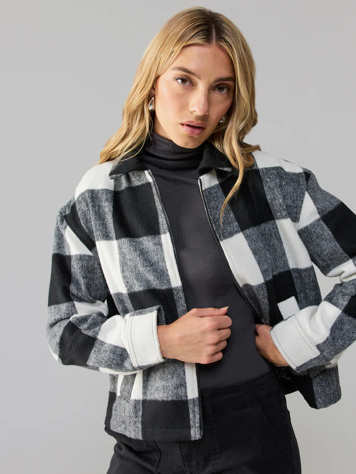 Sanctuary Cropped Boy Shirt Zip Up Jacket Checkmate