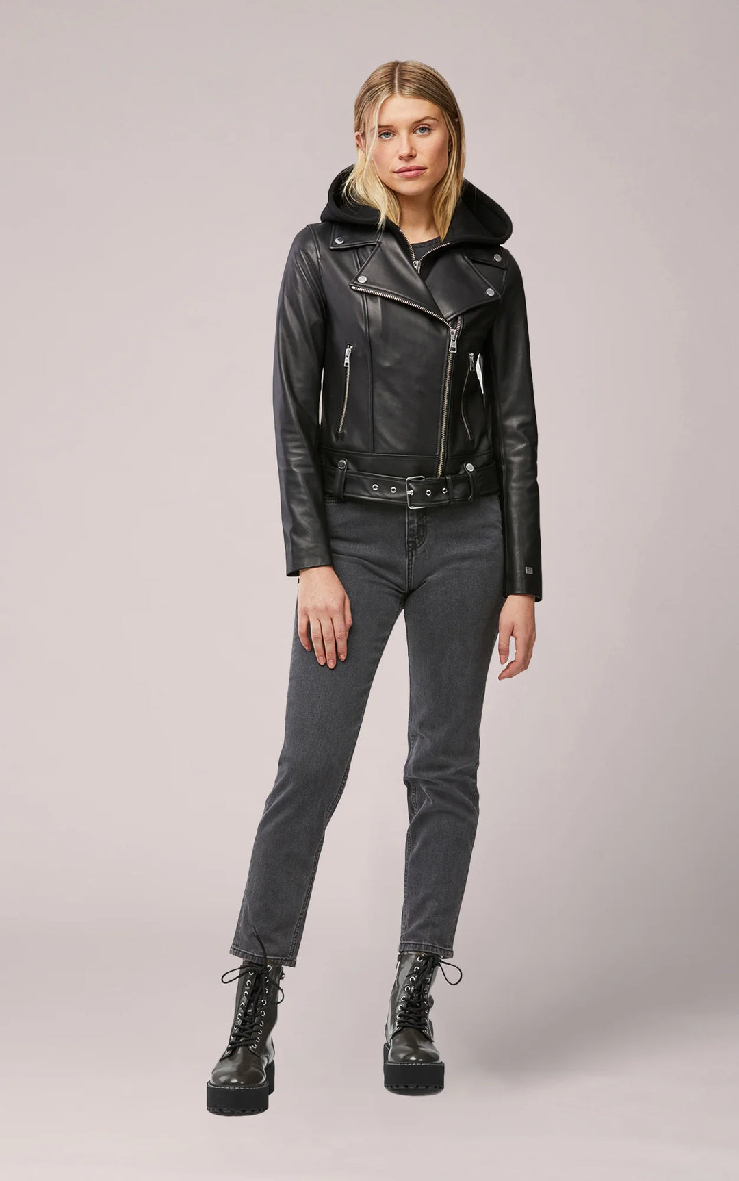Soia & Kyo Elisha Leather Jacket with Hood -Black