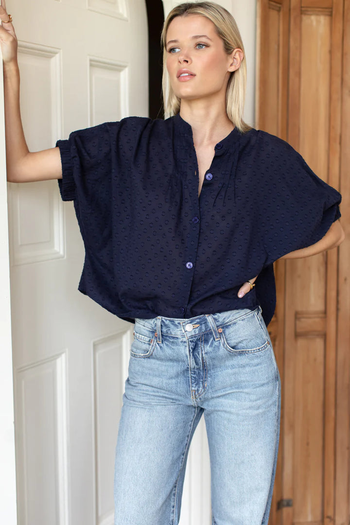 Emerson Fry Mandarin Collar Top Maritime Swiss Dot