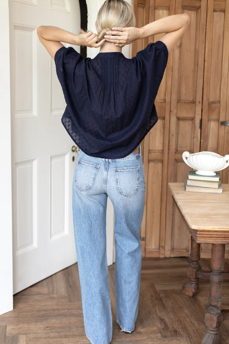Emerson Fry Mandarin Collar Top Maritime Swiss Dot