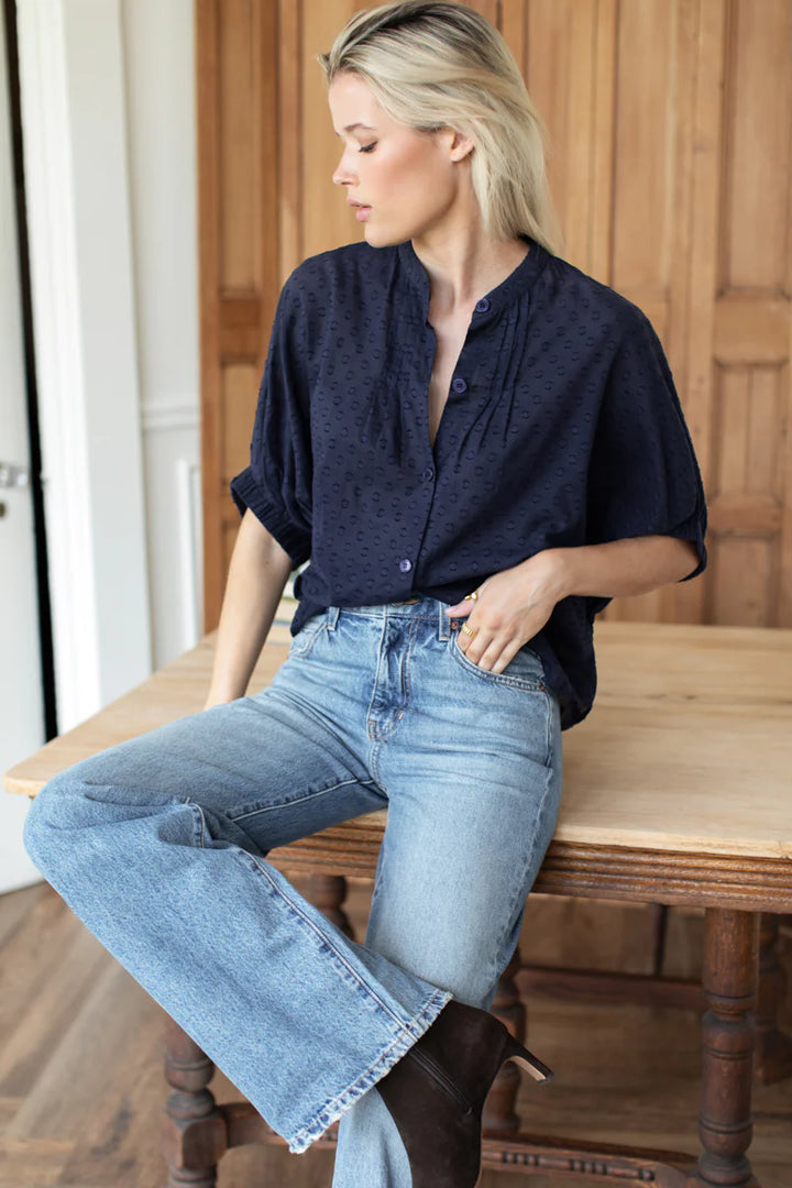 Emerson Fry Mandarin Collar Top Maritime Swiss Dot